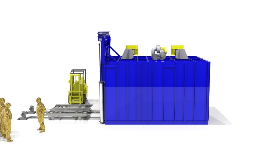 Sideview of an industrial oven used for cleaning fiberglass rolls with a forklift beside the oven.