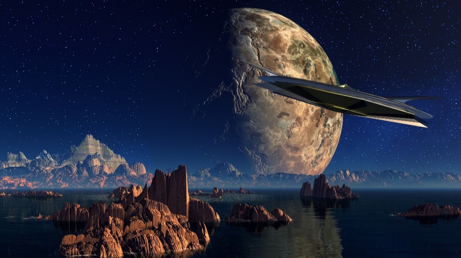 Artist rendering of spaceships on a moon with a foreign planet in the background.
