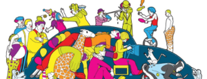 Bright graphic drawing of a large group of clowns getting into a clown car.